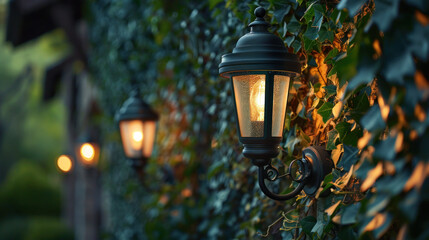 Edison lamps brighten the exterior house wall