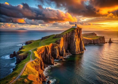 A fiery sunset paints the sky above Neist Point lighthouse, casting long shadows across the rugged coastline of the Isle of Skye, sunset, lighthouse, neist point, isle of sky, scotland, sea