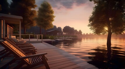 Wall Mural - Sunset on the lake with wooden deck chairs. Panorama.