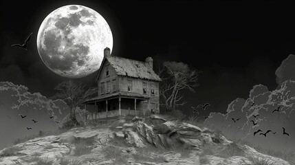 black and white illustration of a gloomy rickety house and a huge moon for halloween