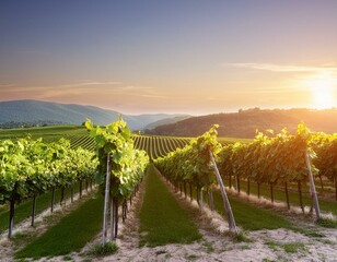 Wall Mural - panoramic view of a summer vineyard at sunset. green vineyard rows at sunset