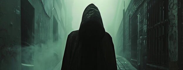 Silhouette of a hooded man, foggy alley, low-key lighting, cinematic feel, dark ambiance, emphasis on cloak texture and folds, anonymous and enigmatic character