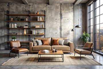 Industrial loft living room with concrete wall, sand brown sofa, modern armchair, simple black coffee table, books and personal accessories, industrial, loft, living room, interior