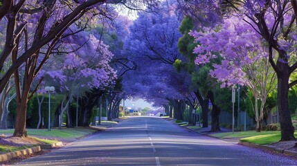 Empty street covered by blooming purple jacaranda trees : Generative AI