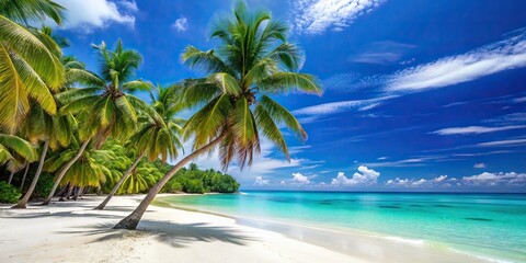 Wall Mural - Serene white sand beach with swaying coconut palms, turquoise water and blue sky, perfect for a tropical vacation, tropical beach, paradise, vacation, travel, tourism, exotic, getaway