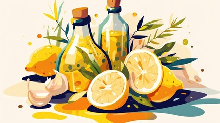 Sticker - A vibrant fresh lemon slice surrounded by cooking essentials is depicted in this lively cartoon style 2d illustration set against a clean white backdrop