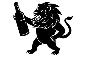 Canvas Print - A lion holds a bottle of beer in both hands silhouette vector illustration