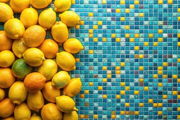 Wall Mural - A vertical frame made of colorful mosaic tiles encases a cluster of ripe lemons, their yellow skin gleaming against the vibrant background, frame, mosaic, tiles, lemons, citrus, fruit
