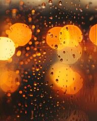 Wall Mural - A raindrops on the window, with blurred lights in orange tones 