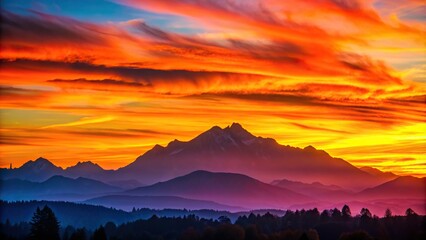 Wall Mural - A vibrant orange and pink sunset paints the sky above a towering mountain range, casting long shadows across the rugged peaks and valleys, sunset, sunrise, mountains, peaks, valleys, sky