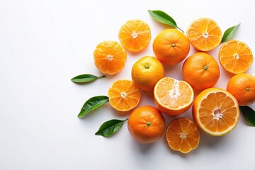 Poster - Top view of whole and sliced mandarins isolated on white background, mandarin, fruit, citrus, orange, fresh, healthy, food, vitamin C, juicy, tropical, vibrant, colorful, snack, ripe
