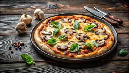 A rustic black plate holds a freshly baked pizza topped with gooey cheese and earthy mushrooms, the contrasting colors creating a visually appealing composition, pizza, mushroom pizza