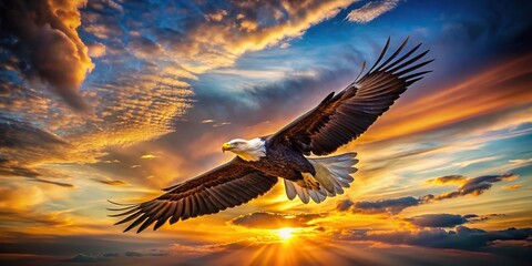 Wall Mural - Majestic big eagle soaring in front of a stunning sunset backdrop , eagle, sunset, majestic, wildlife, nature, bird, majestic, wings, sky, silhouette, freedom, flight, strength, vibrant, sun