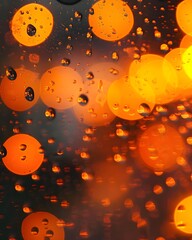 Wall Mural - A raindrops on the window, with blurred lights in orange tones 