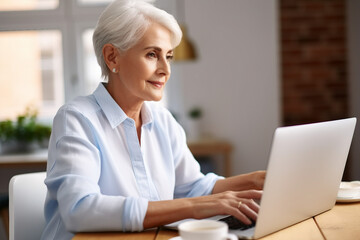 Image of senior student using modern gadgets in cafe indoors generative AI concept