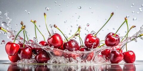 Wall Mural - A cascade of ripe cherries falls through a splash of water, creating a vibrant red and white contrast against a pristine white background, cherries, water, splash, white background, red