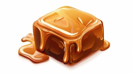 Poster - Delicious caramel candy melting slightly on a white background, showcasing its rich and smooth texture. Perfect for food-related content and packaging design visuals.  AI