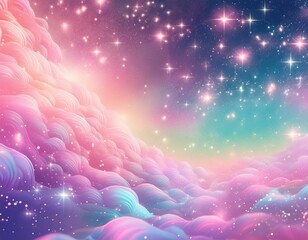 Wall Mural - Rainbow unicorn background. Pastel glitter pink fantasy galaxy. Magic mermaid sky with bokeh. Holographic kawaii abstract space with stars and sparkles