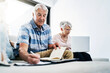 © ReadyAtTheEase/peopleimages.com - Senior couple, home and writing with laptop in sofa for grocery or shopping list for household. People, relationship and planning with budgeting, saving and documents for insurance and manage assets