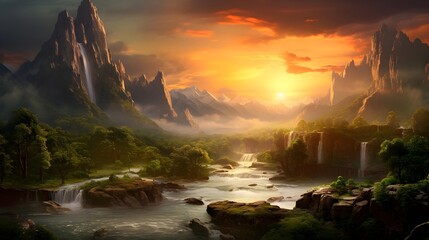 Wall Mural - Panoramic view of a mountain river at sunset. Panorama of a mountain river at sunset.