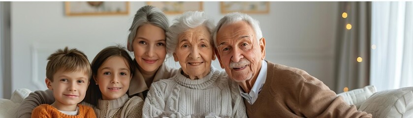 Elderly couple surrounded by their children and grandchildren, affectionate family care, peaceful home setting, aging with dignity, isolated on white background, copy space