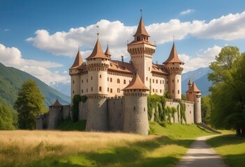 a large castle with towers on a grassy hill