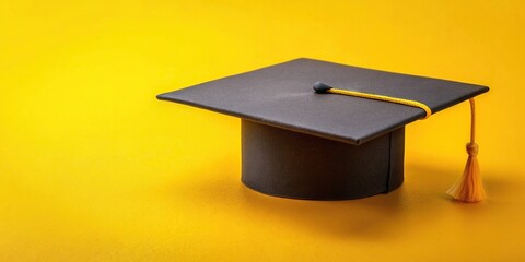 A classic black graduation cap sits proudly on a vibrant yellow background, symbolizing achievement and future possibilities, graduation cap, yellow background, achievement, success