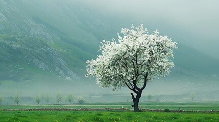 Wall Mural - white blooming tree in a green meadow first blooming tree of the year : generative ai
