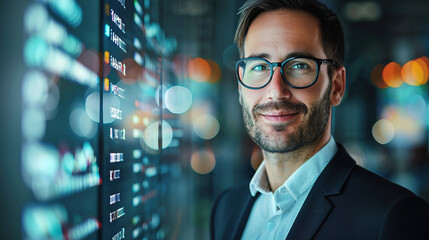 Wall Mural - portrait of a handsome businessman in a suit and glasses standing against a digital data background