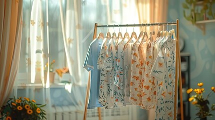 A rack of clothes is hanging in a room with a yellow sunflower plant