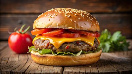 Wall Mural - A perfectly grilled cheeseburger with melted cheese, caramelized onions, and a juicy tomato slice on a toasted sesame seed bun, cheeseburger, grilled, cheese, onion, tomato, sesame seed bun