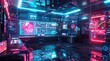 © aferalana - A futuristic digital space with holographic displays and neon lights, showcasing advanced technology in an abstract environment.