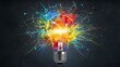 © ASGraphicsB24 - Idea Explosion concept light bulb on dark background with colorful splashes.