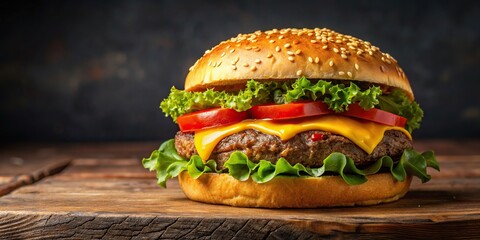 Wall Mural - A perfectly grilled beef patty topped with melted cheddar cheese, crisp lettuce, juicy tomato, and tangy pickles, all nestled in a toasted sesame seed bun, beef patty, cheddar cheese