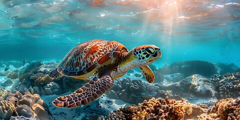 Turtle swimming in the sea. 3d illustration. Underwater world.