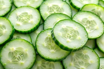 Wall Mural - Close-up of thinly sliced, crisp cucumber revealing a vibrant green surface with a delicate, rippled texture, cucumber, slices, close-up, texture, background, green, fresh, vegetable, healthy