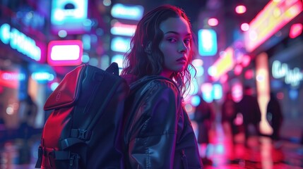 Young woman with backpack in neon-lit urban street at night. The colorful lights reflect off the wet street, creating a vibrant and moody scene.