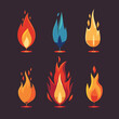 © Vectorvstocker - Six different stylized fire flames, colorful, vibrant, graphical. Flames range simplistic single flame complex, layered designs, against dark background. Varied hues traditional fiery orange red