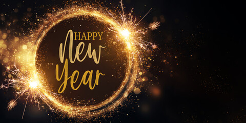 Wall Mural - Happy new year 2025 banner greeting card with text - Circle frame made of glowing glitter sparkling sparklers firework, isolated on black night sky texture background.