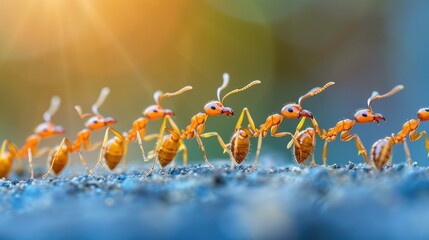 group of red ants are marching in a line AI generated