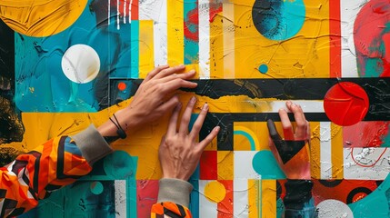Wall Mural - Abstract artwork of hands building a dynamic objective chart. 