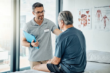 Poster - Physiotherapy, chiropractor and senior man consulting for rehabilitation, recovery or treatment results. Healthcare, physical therapy and person with patient for medical service, wellness and support