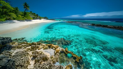 Wall Mural - A beach with a lagoon surrounded by a coral reef