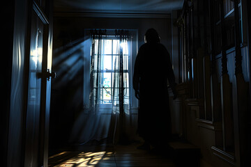 A shadowy figure stands before a window, evoking fear and suspense in this cinematic thriller setting