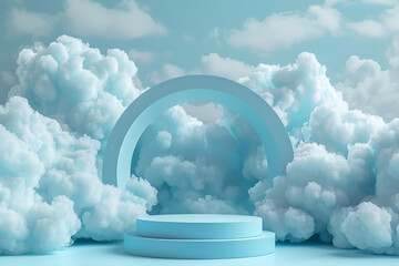 Wall Mural - Minimalistic background with white round podium, stage and clouds,3D rendering of Blue podium for displaying products and reflecting clouds background,Podium with clouds, abstract background 
