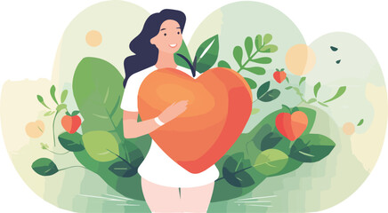 Young woman holding a heart shaped apple. Vector illustration in cartoon style.