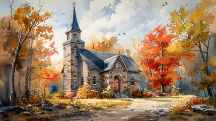 Wall Mural - Old stone church in watercolor style
