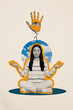 © deagreez - Vertical photo collage of calm happy brunette girl do yoga meditation spiritual hand soul human eyes zen om isolated on painted background