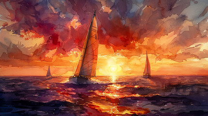 Wall Mural - Sailboats on the sea in watercolor style