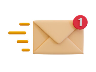 3D illustration of an envelope with a notification badge and speed lines, representing an incoming email or message alert.